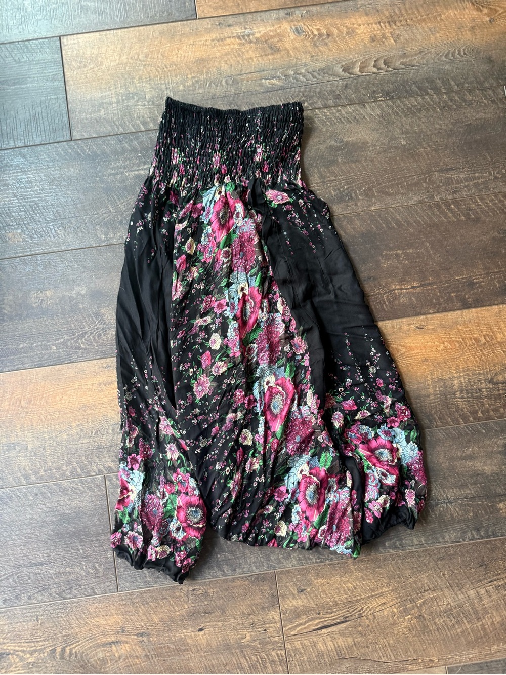 Black Floral Smocked Jumpsuit with Pink & Teal Blooms